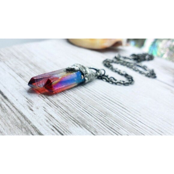 Red aura quartz crystal necklace handmade gothic fantasy metalwork jewelry - Picture 6 of 11